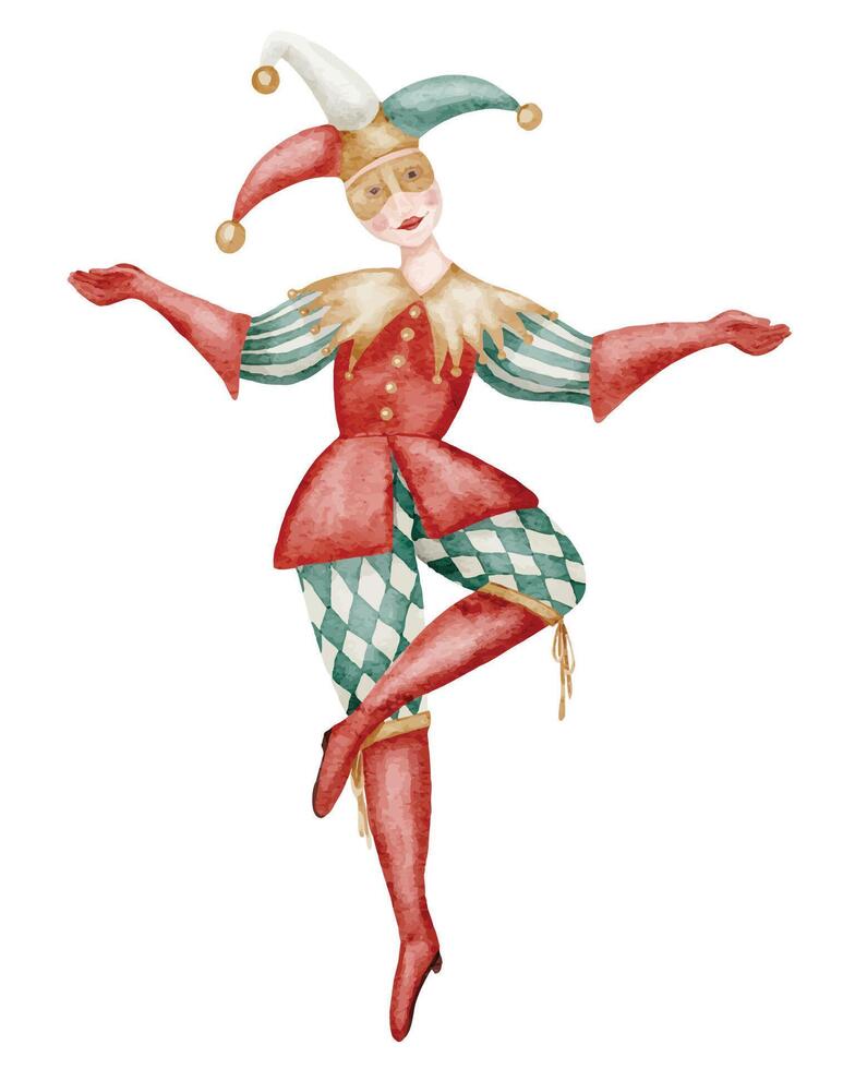 Watercolor illustration of Clown in a bright costume with a Jester hat. Drawing of colorful character for Circus design. Art of Carnival show for baby shower greeting cards or childish invitations. vector
