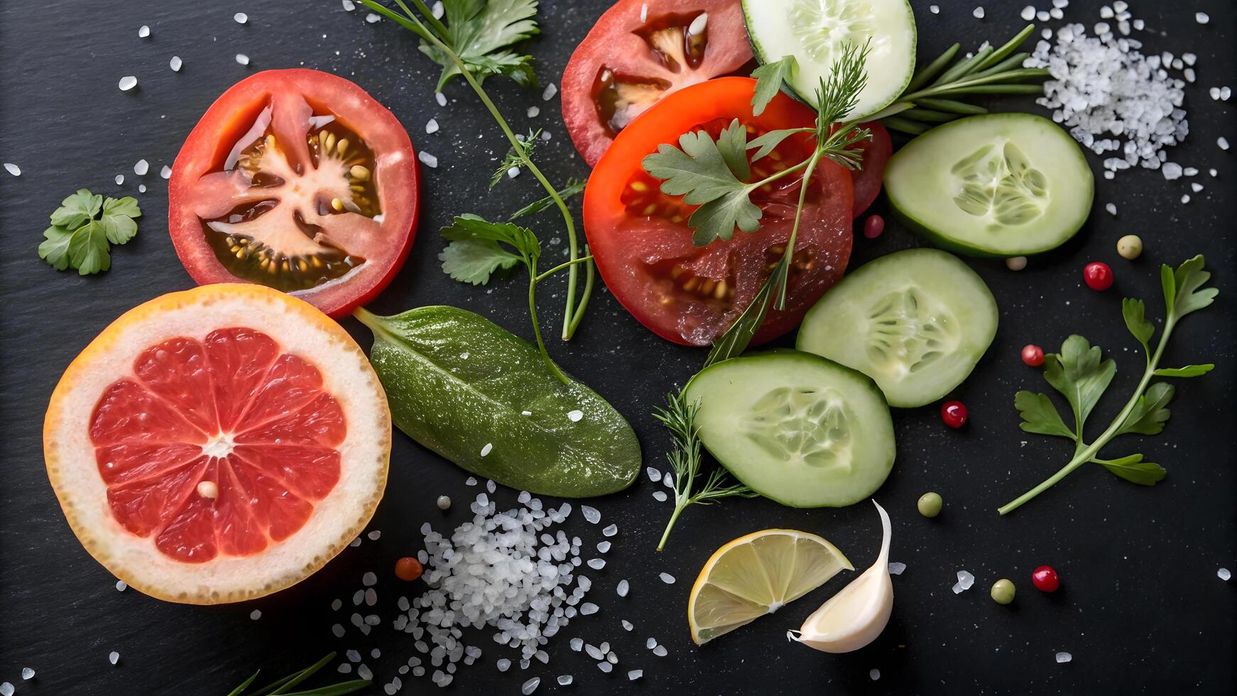Fresh sliced vegetables and grapefruit on dark background. photo