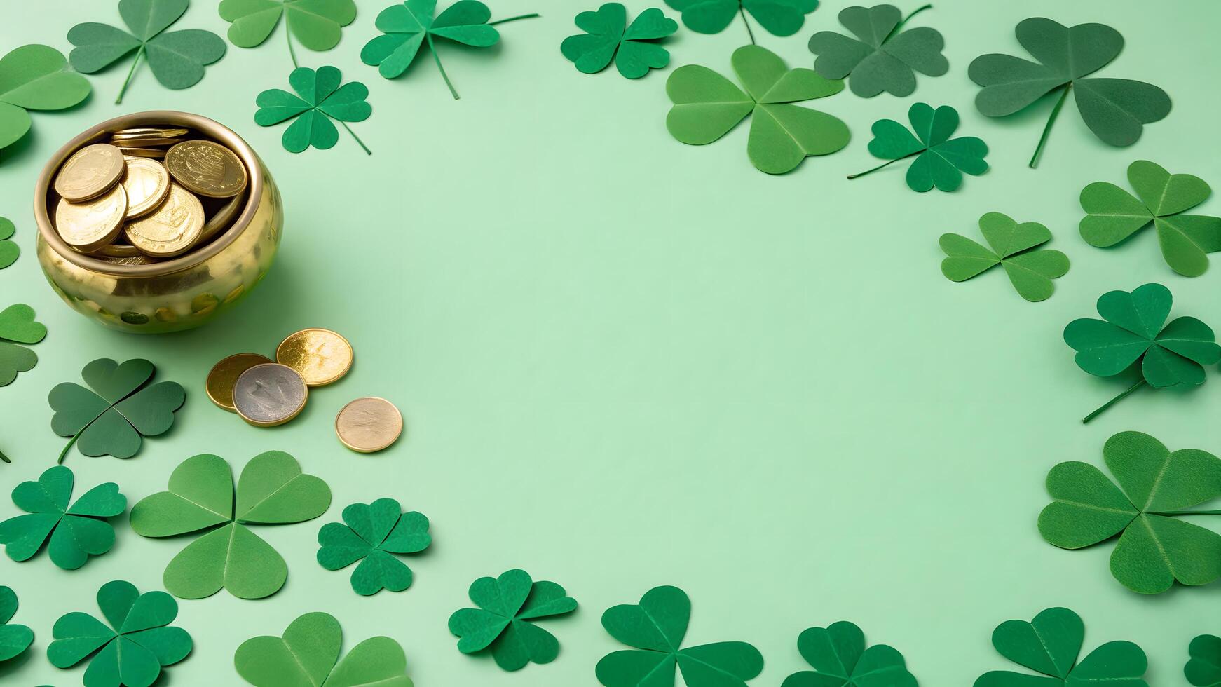 Pot of coins surrounded by shamrocks on green background. photo