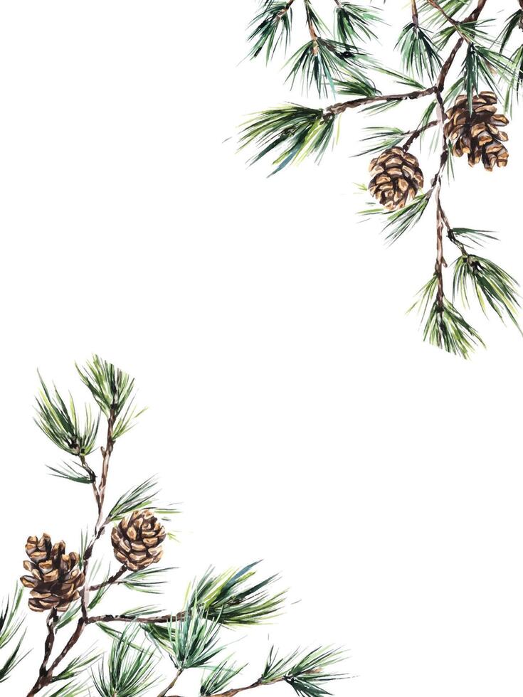 Watercolor pine branches with cones and soft green textured background. Natural, elegant frame for holiday cards, invitations, posters, or seasonal designs, perfect for rustic or eco-themed projects. vector