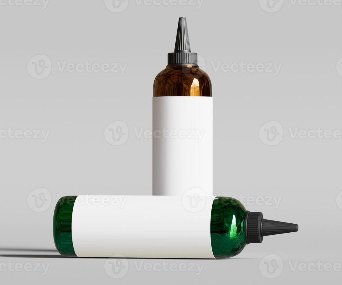 Two bottles of liquid with a black cap on top photo