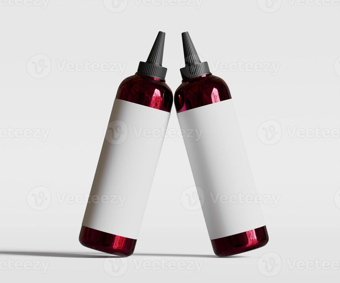 Two red bottles with white labels on a white background photo