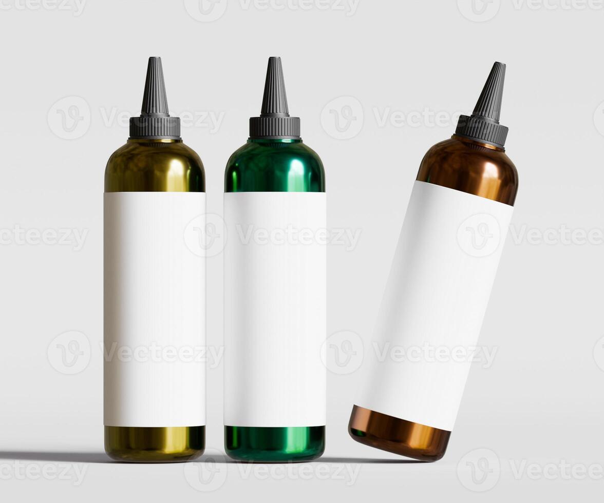 Three different colored bottles with white lids photo