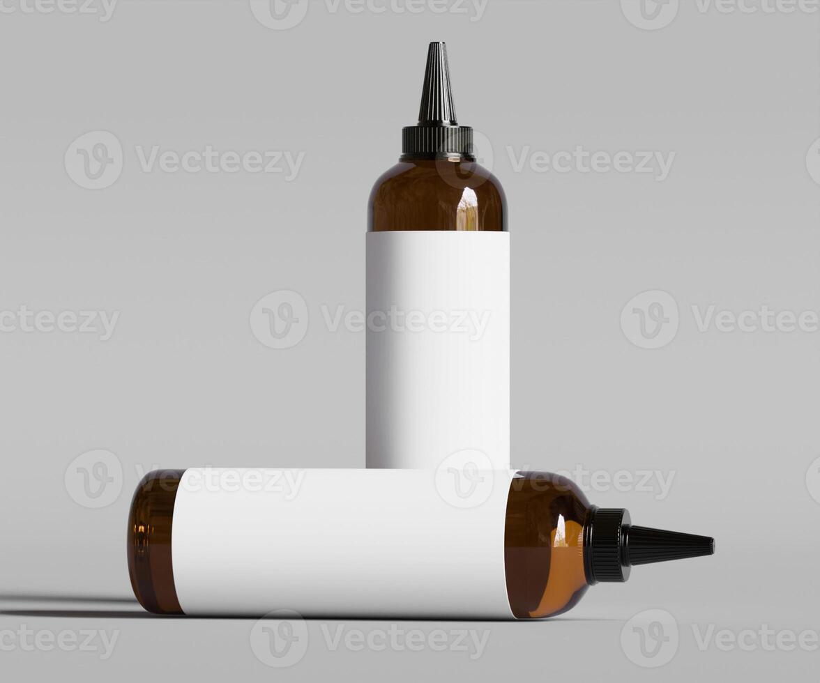 Two empty bottles with white labels on a gray background photo