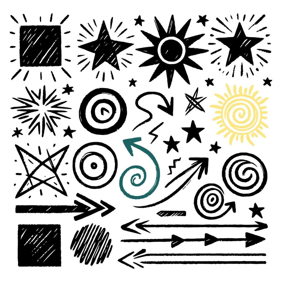 A collection of doodle stars and arrows and other supporting elements manually drawn on a white background vector