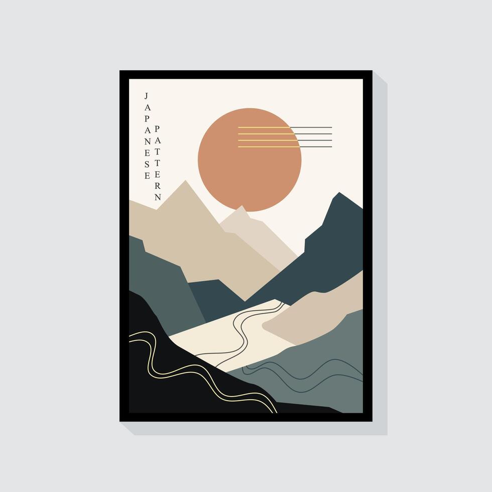 The mountain landscape is stylized in a flat style with warm colors, creating a calm atmosphere vector