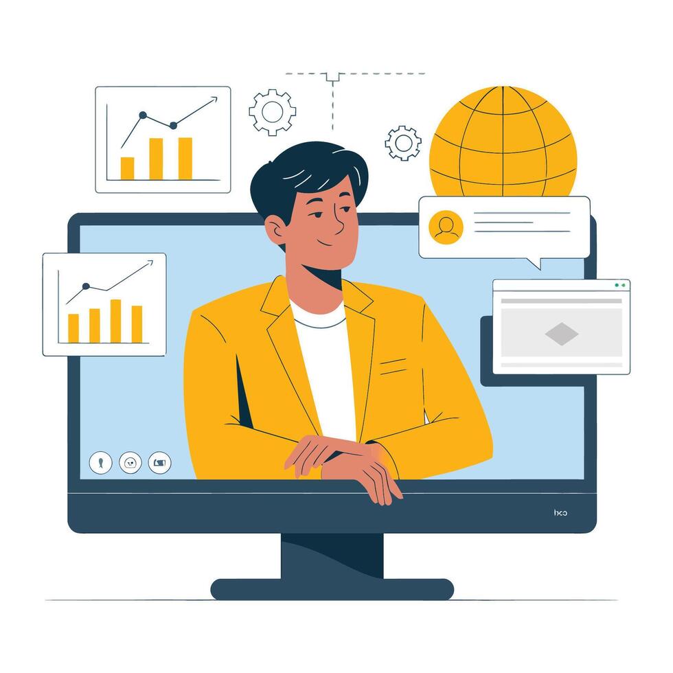 Businessman in virtual meeting, showcasing global reach and data success vector