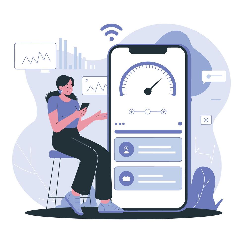 Woman Monitoring Network Speed on Smartphone vector