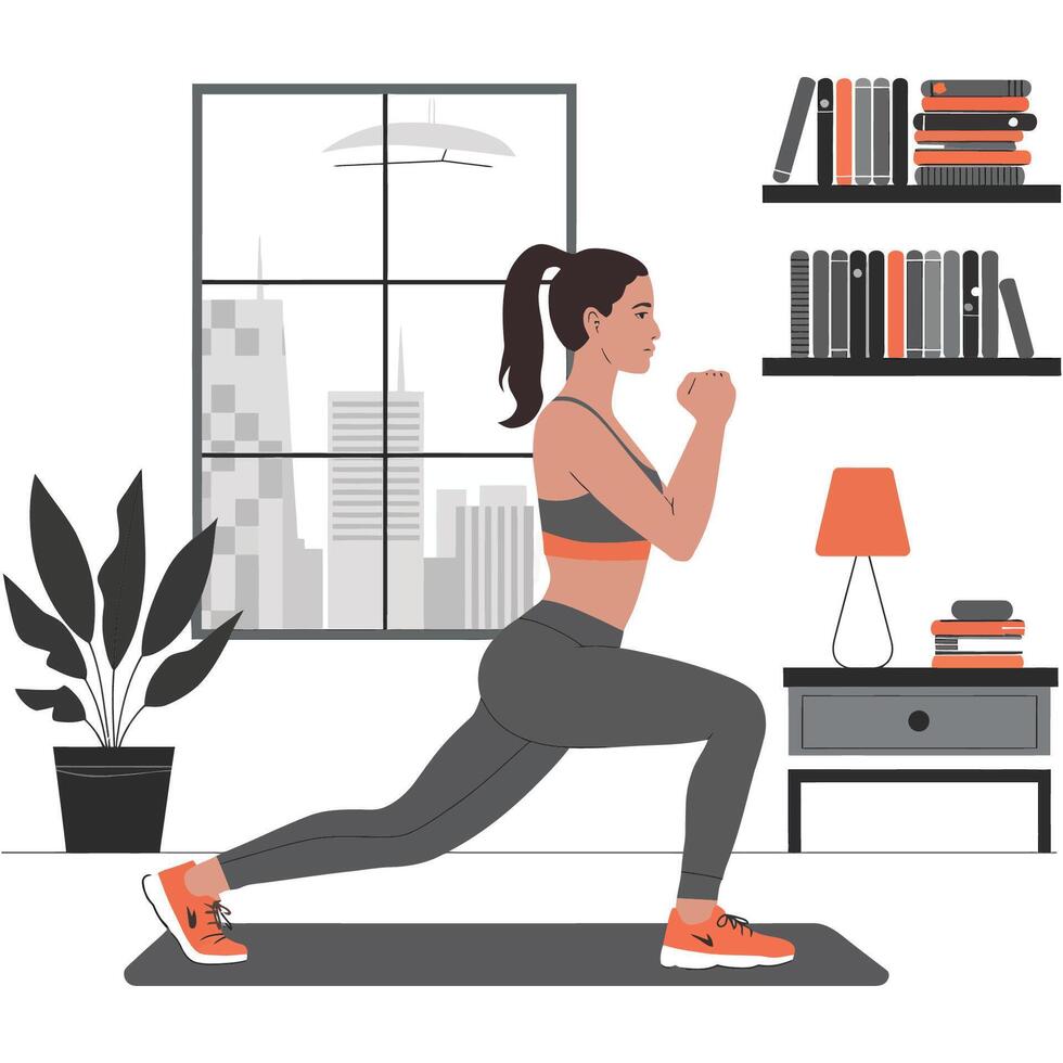 Woman Doing a Workout at Home with City View vector