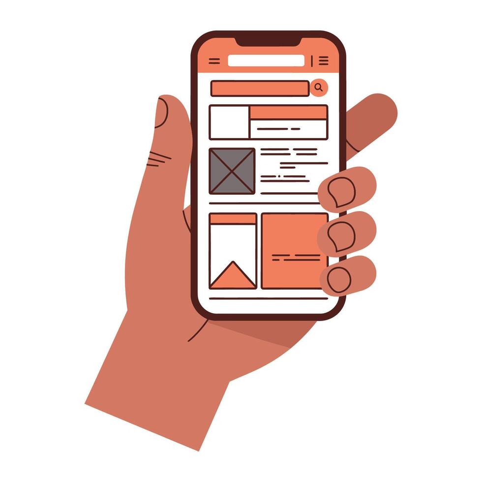 Hand holding a smartphone displaying a website design mockup vector
