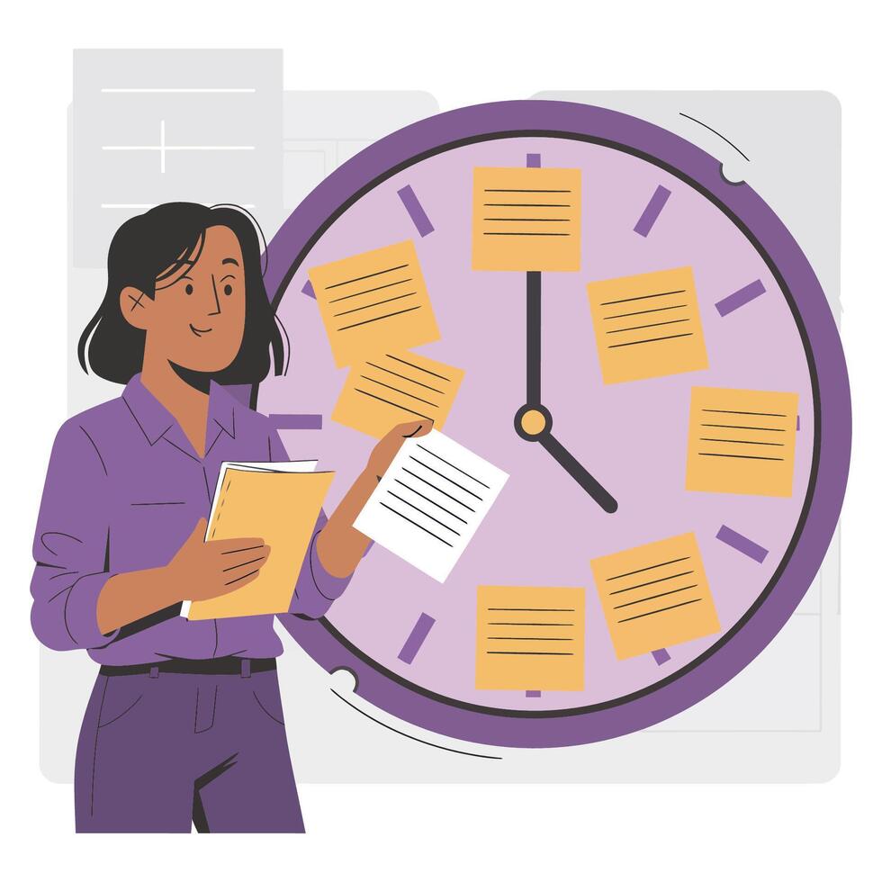 Woman Organizes Tasks on a Time Management Board vector