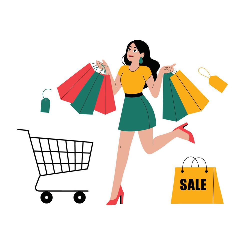 Happy Shopper with Shopping Bags and Sale Sign vector