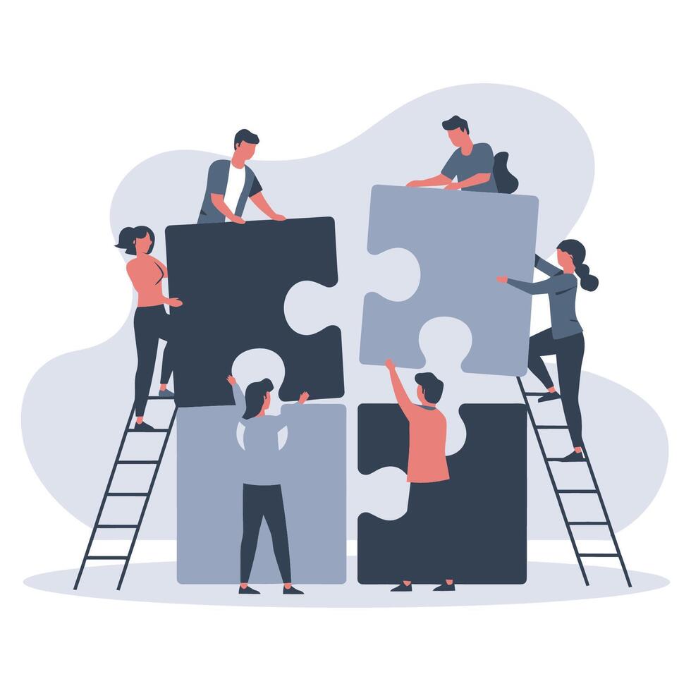 Diverse Team Collaborating on a Puzzle, Symbolizing Teamwork vector