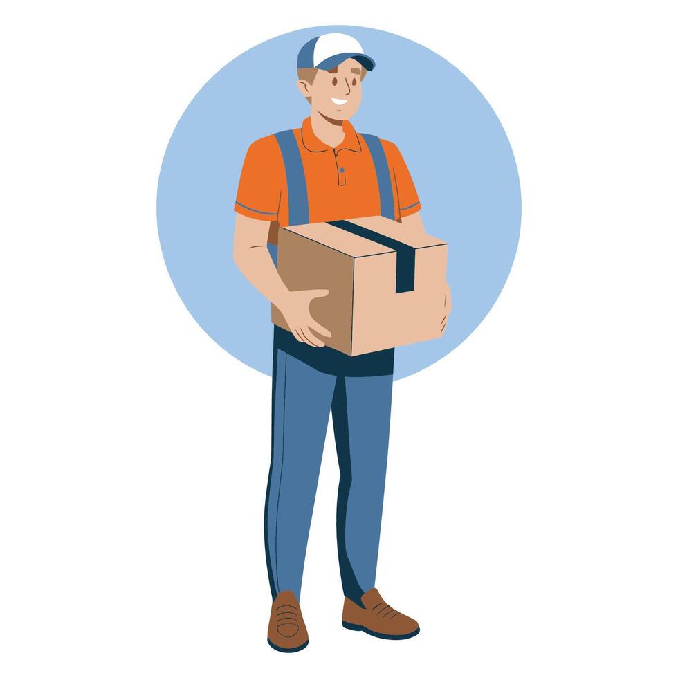 Smiling delivery person holding a package, ready to deliver vector