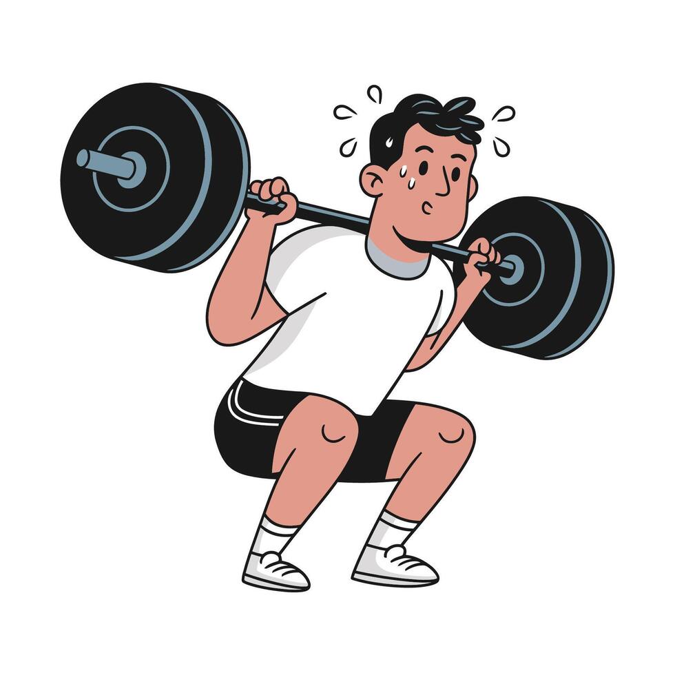 Cartoon Illustration of a Man Performing a Weightlifting Squat vector