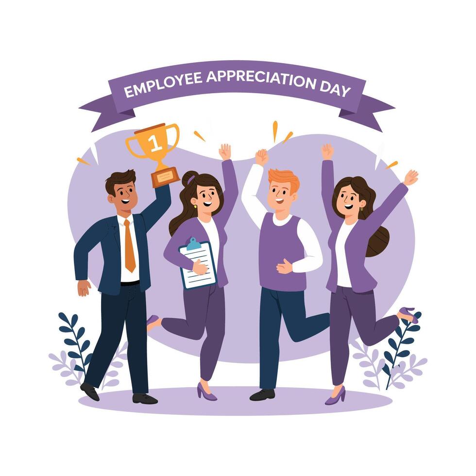 Happy employees celebrating Employee Appreciation Day with a trophy vector