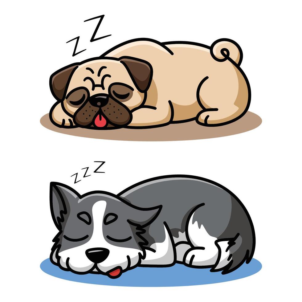 Cute Sleeping Pug and Husky Cartoon Dogs vector