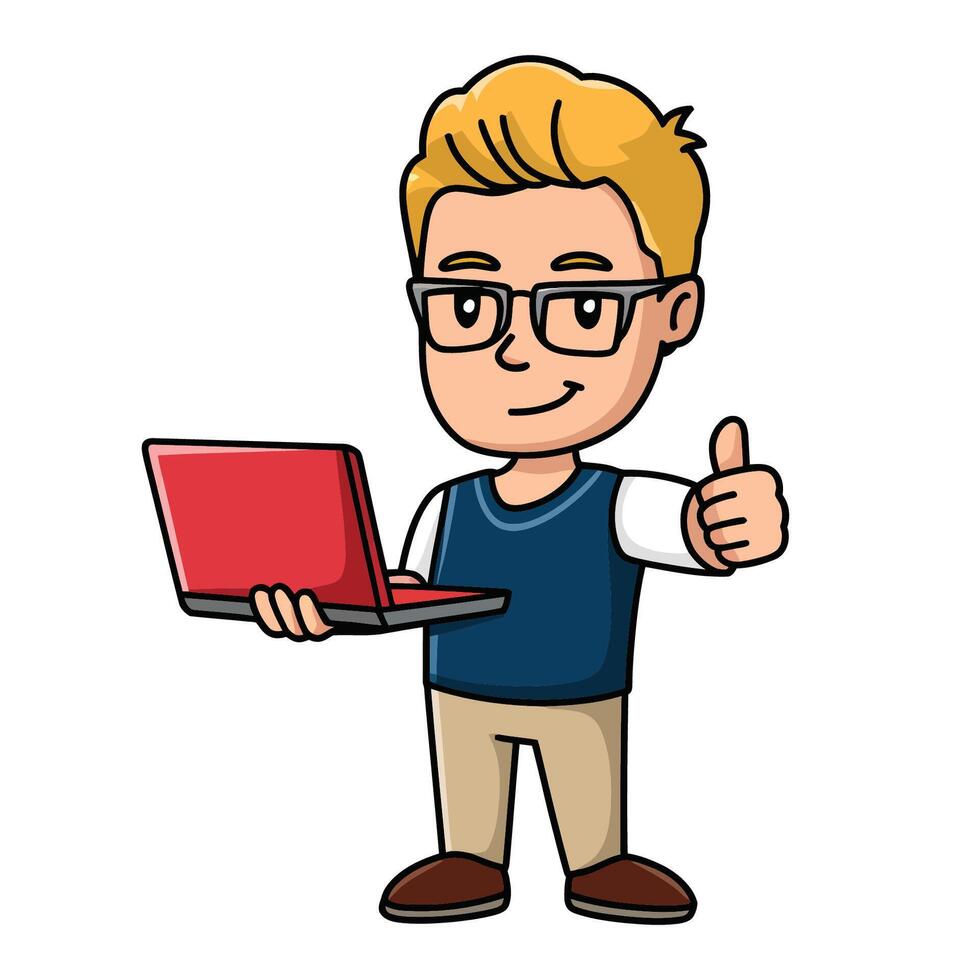Cartoon Character Student with Laptop Giving Thumbs Up vector