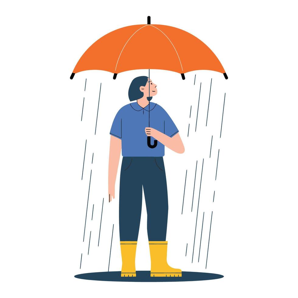 Woman under umbrella in the rain, enjoying the weather vector