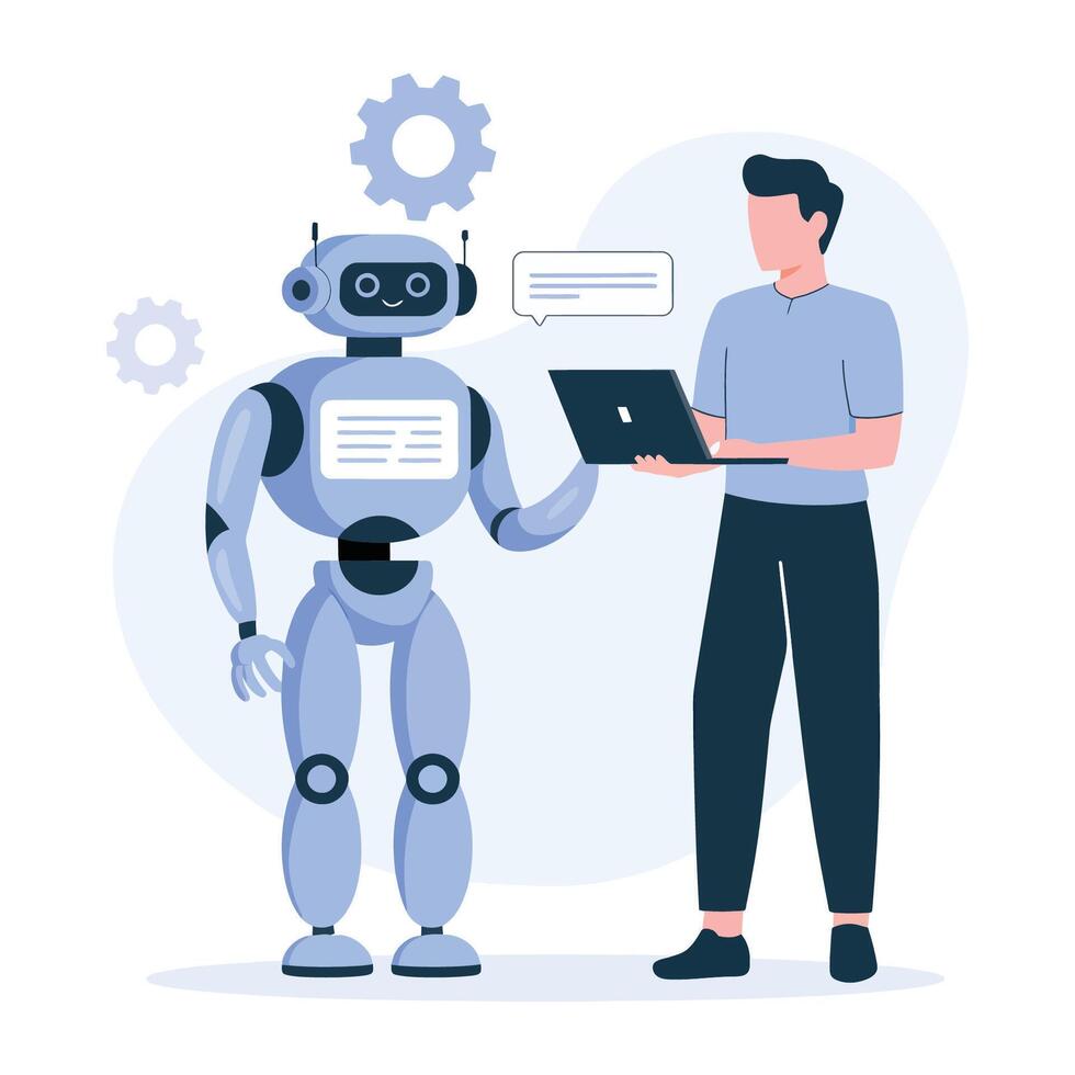 A friendly robot and a person collaborating on a project vector