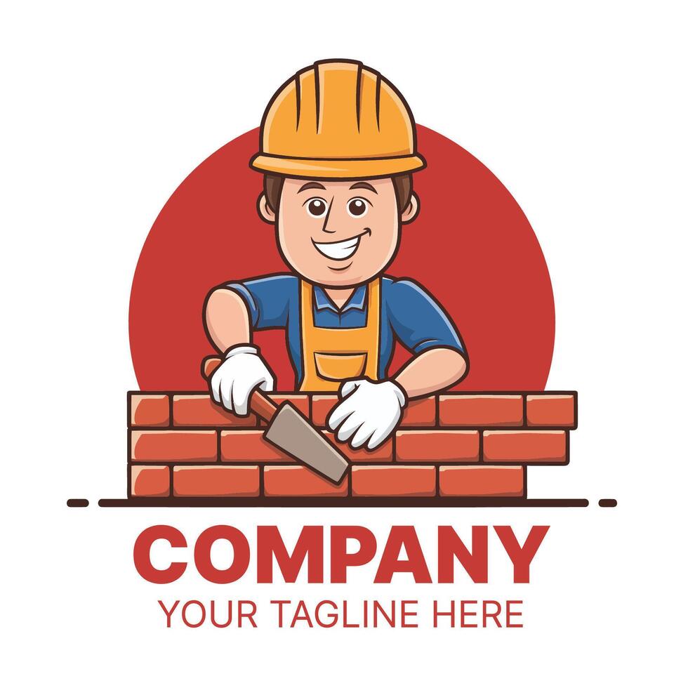 Smiling construction worker building a brick wall, perfect for company logos. vector