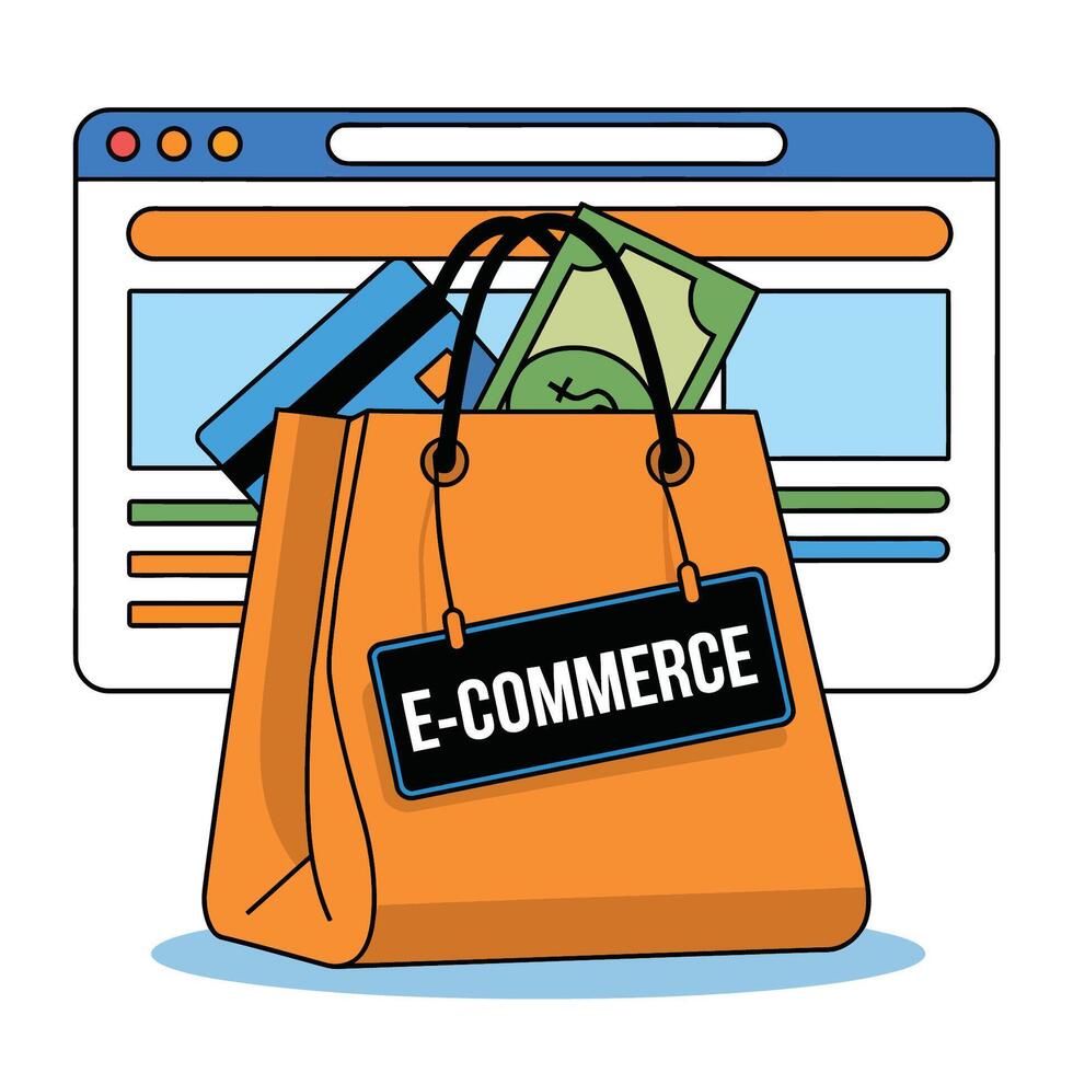 Online Shopping Bag with E-commerce Label vector
