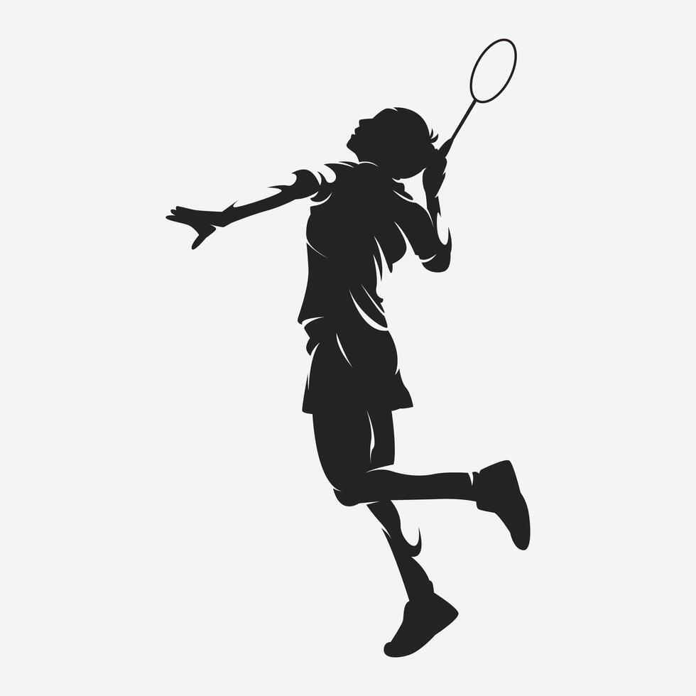 Silhouette of female badminton player doing jumping smash. Graphic logo illustration. vector