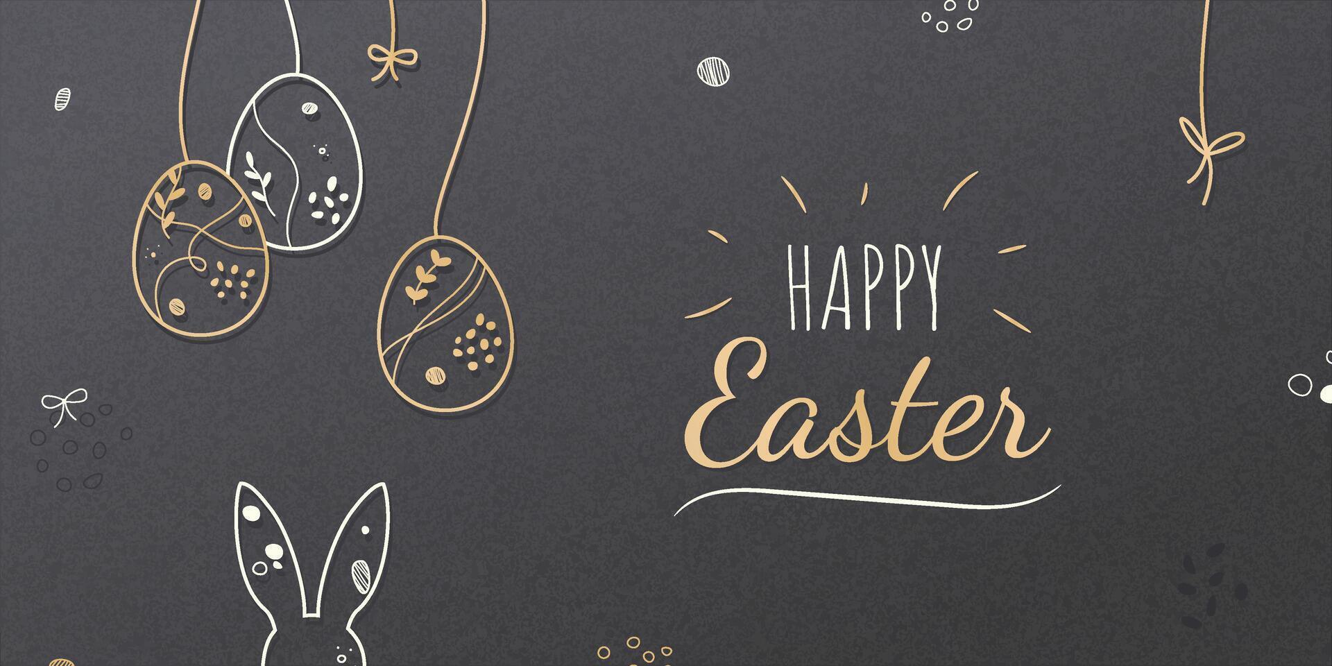 Happy Easter greeting Card with festive eggs and bunny. Simple Floral ornament, outline elements on grey grainy background vector