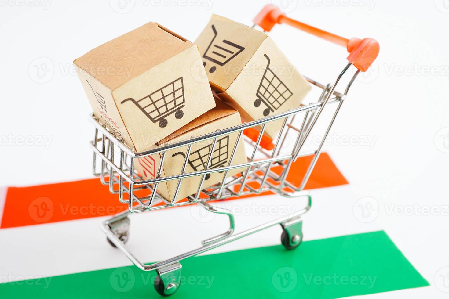 Online shopping, Shopping cart box on Hungary flag, import export, finance commerce. photo