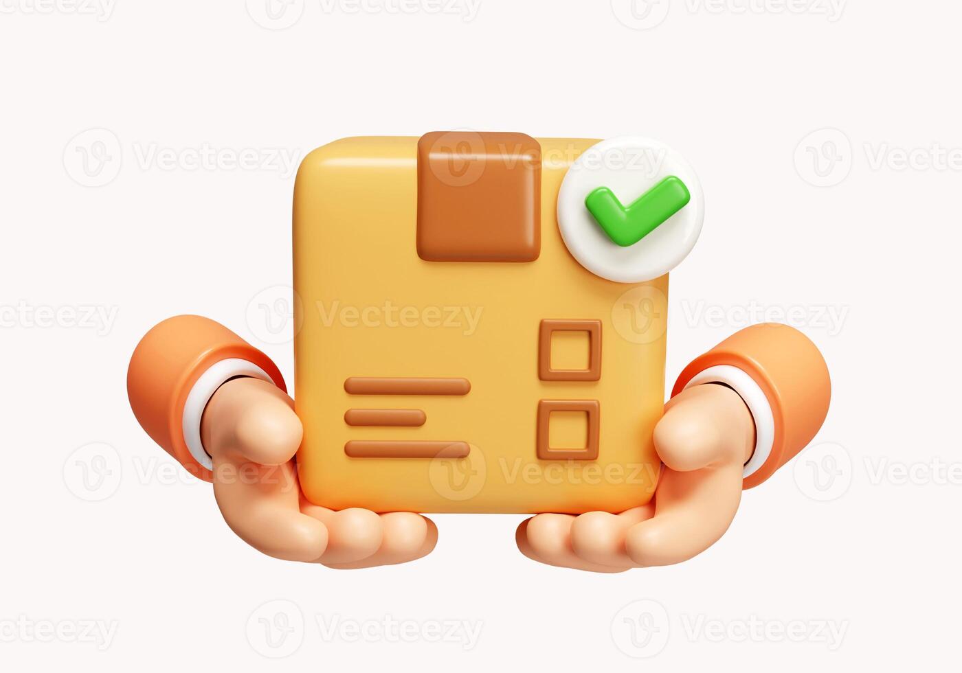 3d hand hold card box with correct mark. delivery successfully. warranty quality guarantee shipping delivery concept. icon isolated on white background. 3d rendering illustration. Clipping path. photo