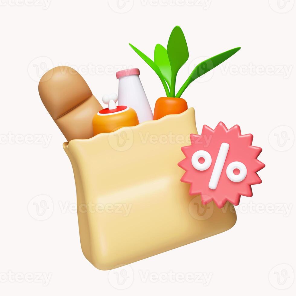 3D bag with a percentage and food . Favorable discounts and sale for various promotions. food delivery. icon isolated on white background. 3d rendering illustration. Clipping path. photo