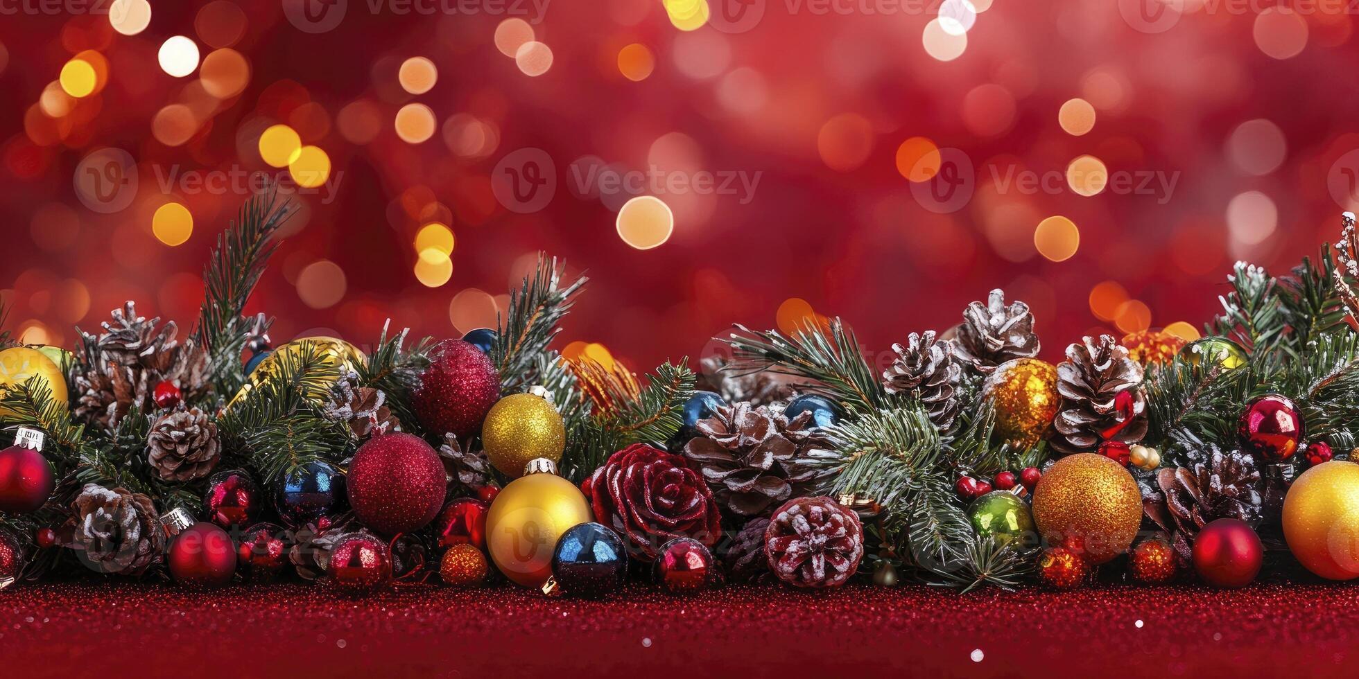 A red background with a bunch of Christmas decorations including pine cones photo