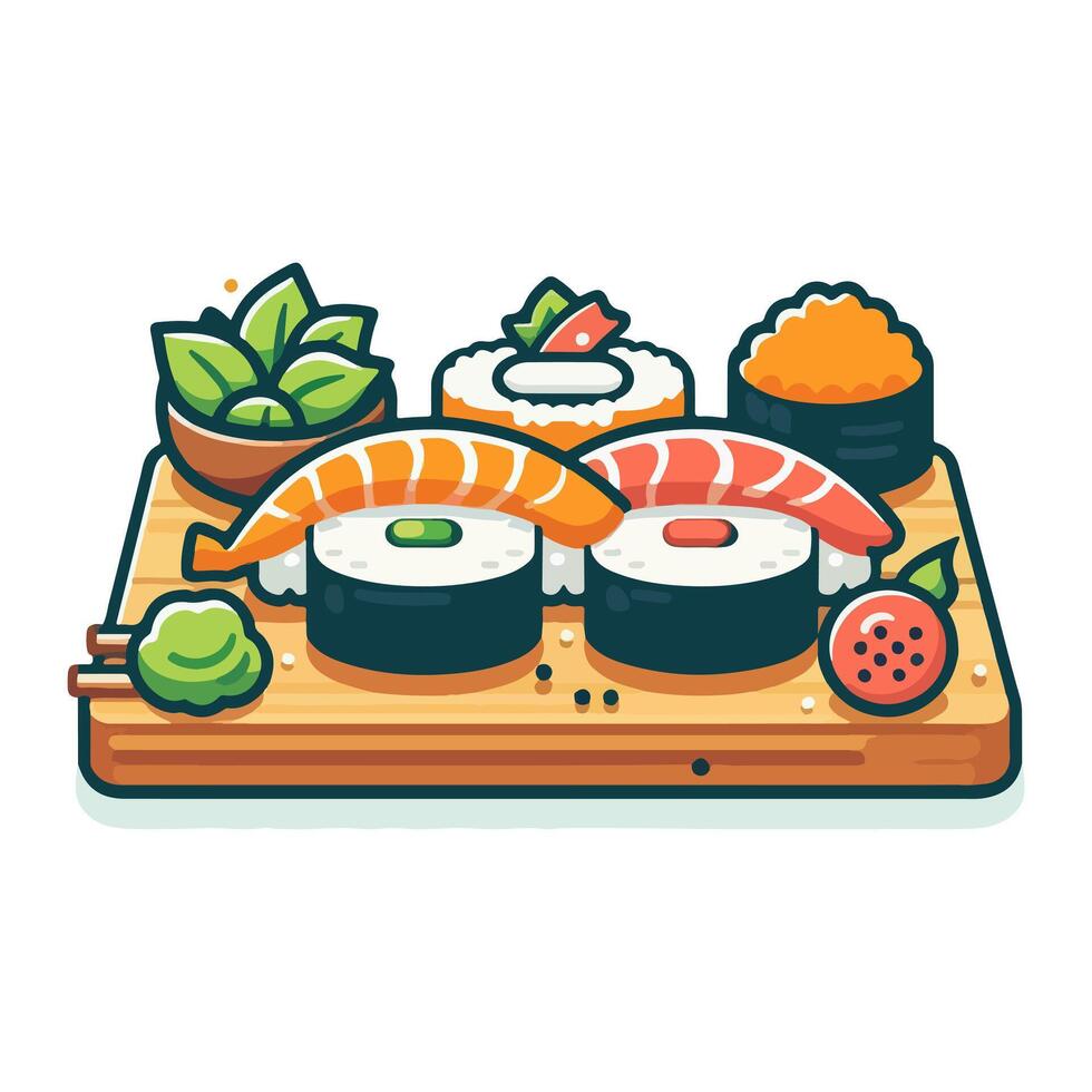 sushi on a wooden board with vegetables and other ingredients vector