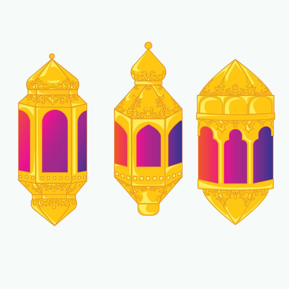 Set of three glowing golden lanterns with ornate carvings, symbolizing Ramadan warmth and elegance. vector