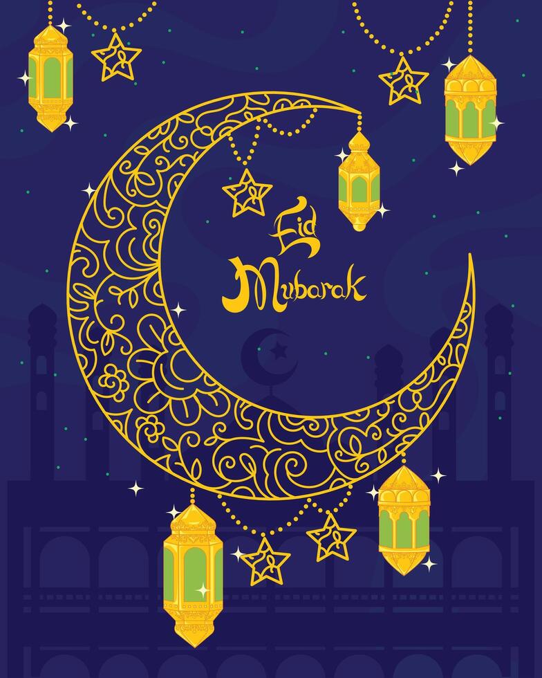 Elegant Eid al-Fitr greeting card background with ornaments, lanterns, crescent moon, stars, and mosque. vector