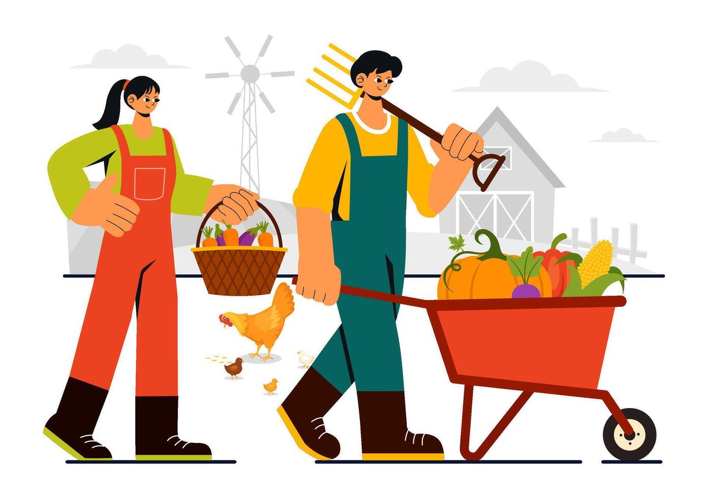 Rural Family Farm Illustration with Parents Harvesting in a Flat Cartoon Style vector