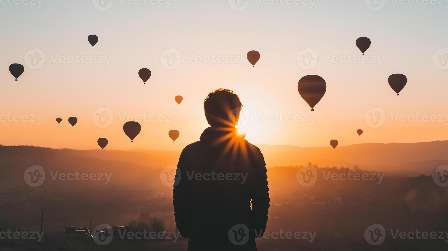 Man traveler standing and looking to the view of hot air balloons in the sky at sunrise or sunset. Beginning or start a new journey, freedom lifestyle concept. photo