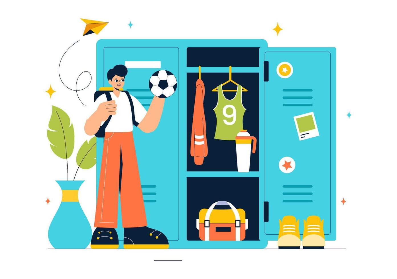 Flat Style Illustration of a School Locker Room with Organized Shelves and Accessories vector