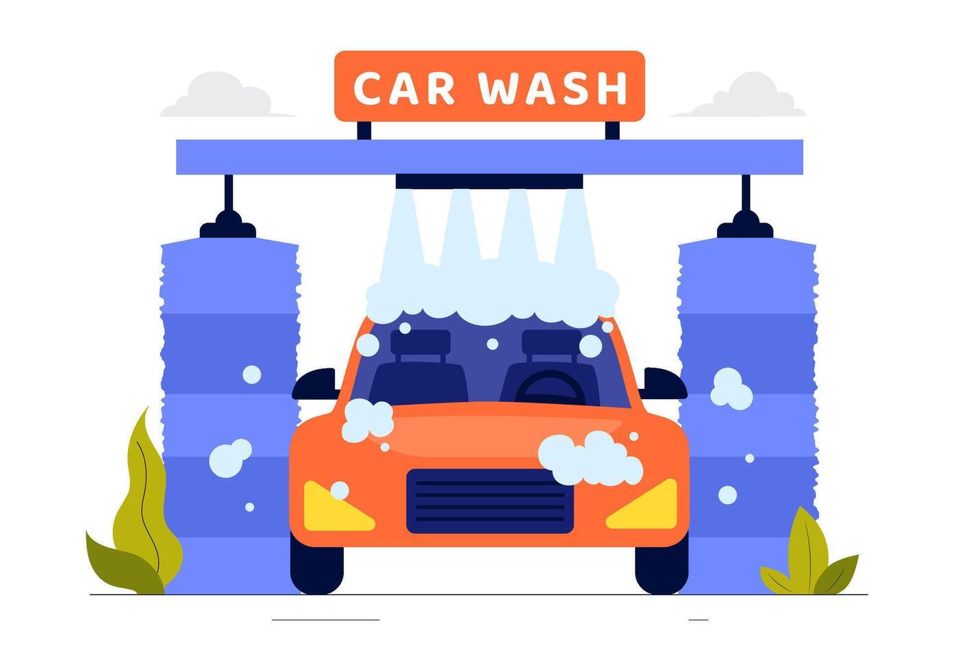 Vehicle Washing Service Illustration with Workers Scrubbing and Rinsing a Car vector