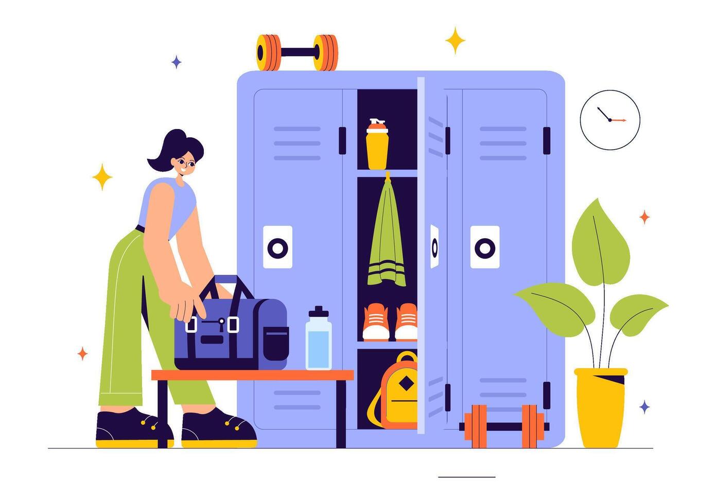 Gym Locker Room Design with Fresh Towels, Benches, and Storage for Sports Teams vector