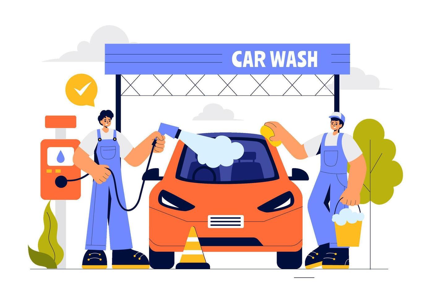 Automobile Cleaning Illustration Showing Workers Washing a Car in a Flat Background vector
