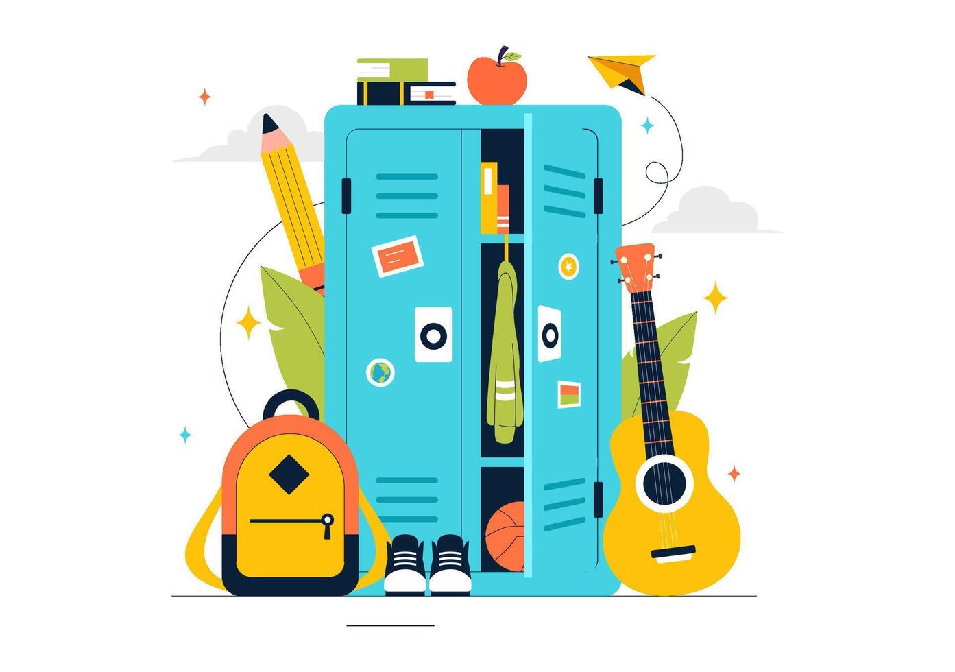 Student Locker Room Art Featuring Neat Storage of Books and School Supplies in a Flat Style vector