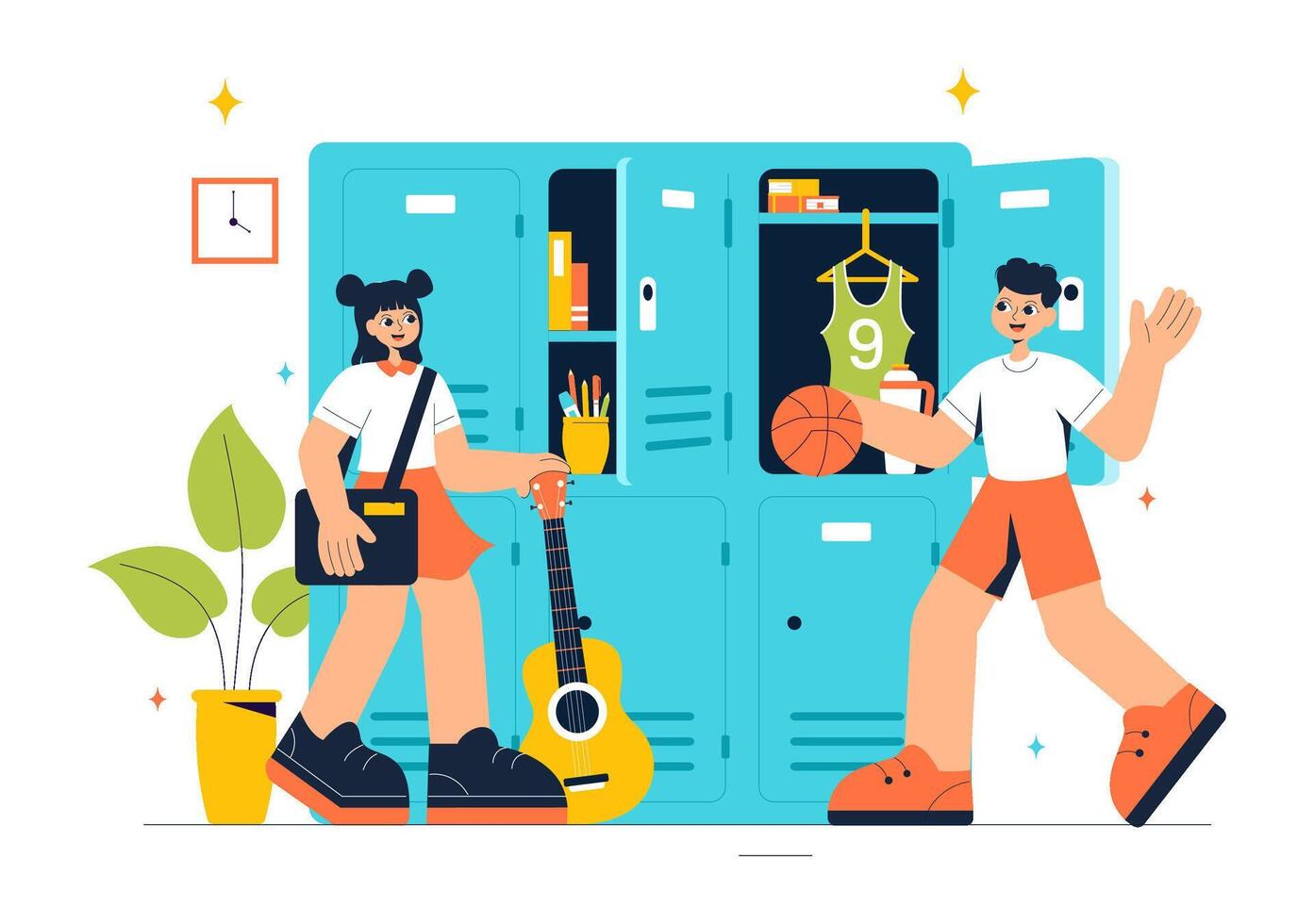 School Locker Room Scene Illustration with Books, Accessories, and Supplies in Flat Cartoon Style vector
