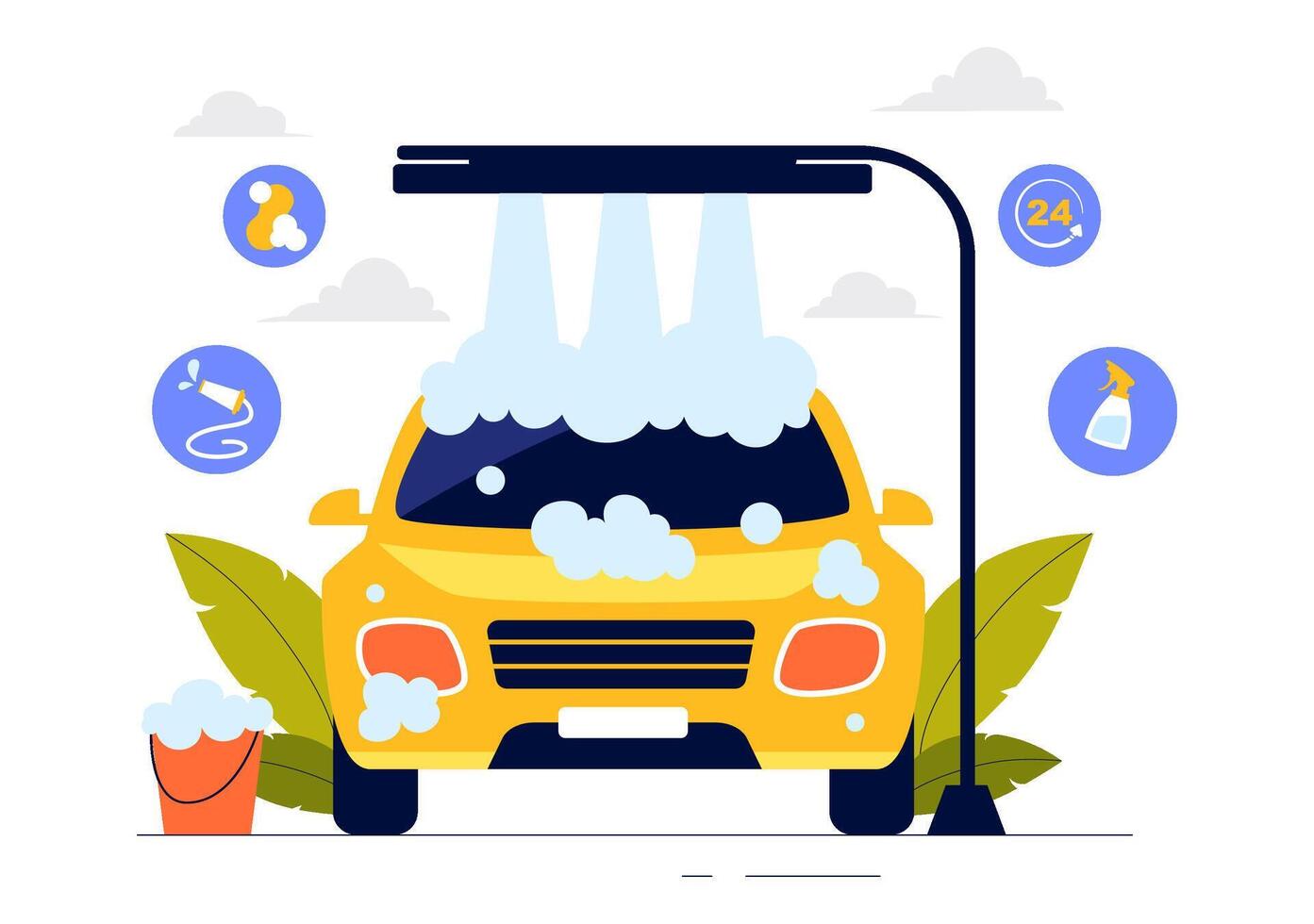 Car Cleaning Illustration with Workers Washing a Vehicle Using Soap and Water in Flat Cartoon Style vector