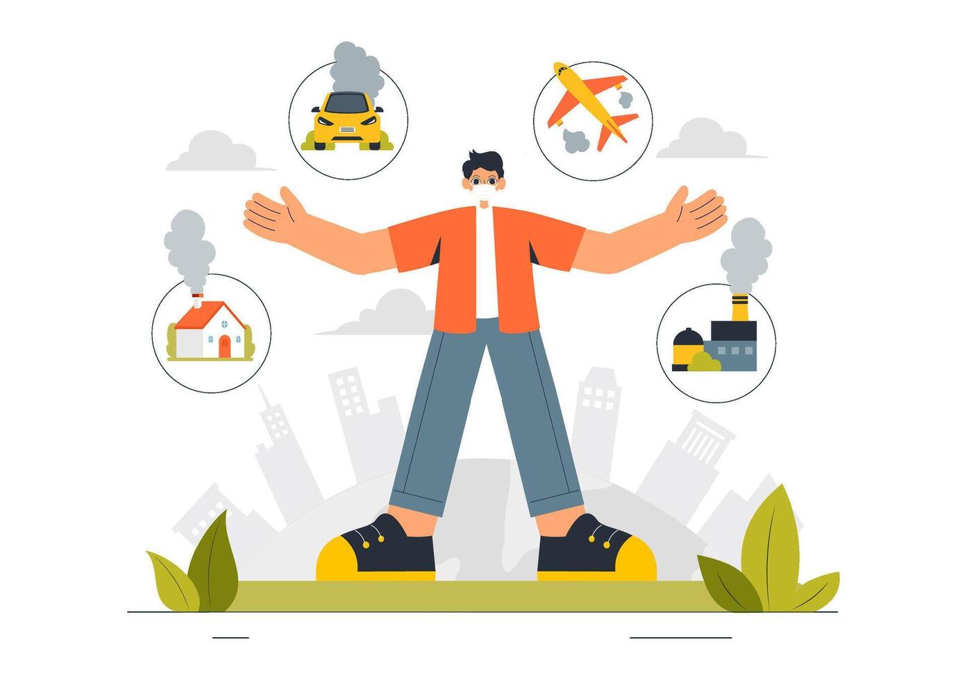 Air Pollution Illustration Highlighting Climate Change, Smoggy Roads, and Factory Emissions vector