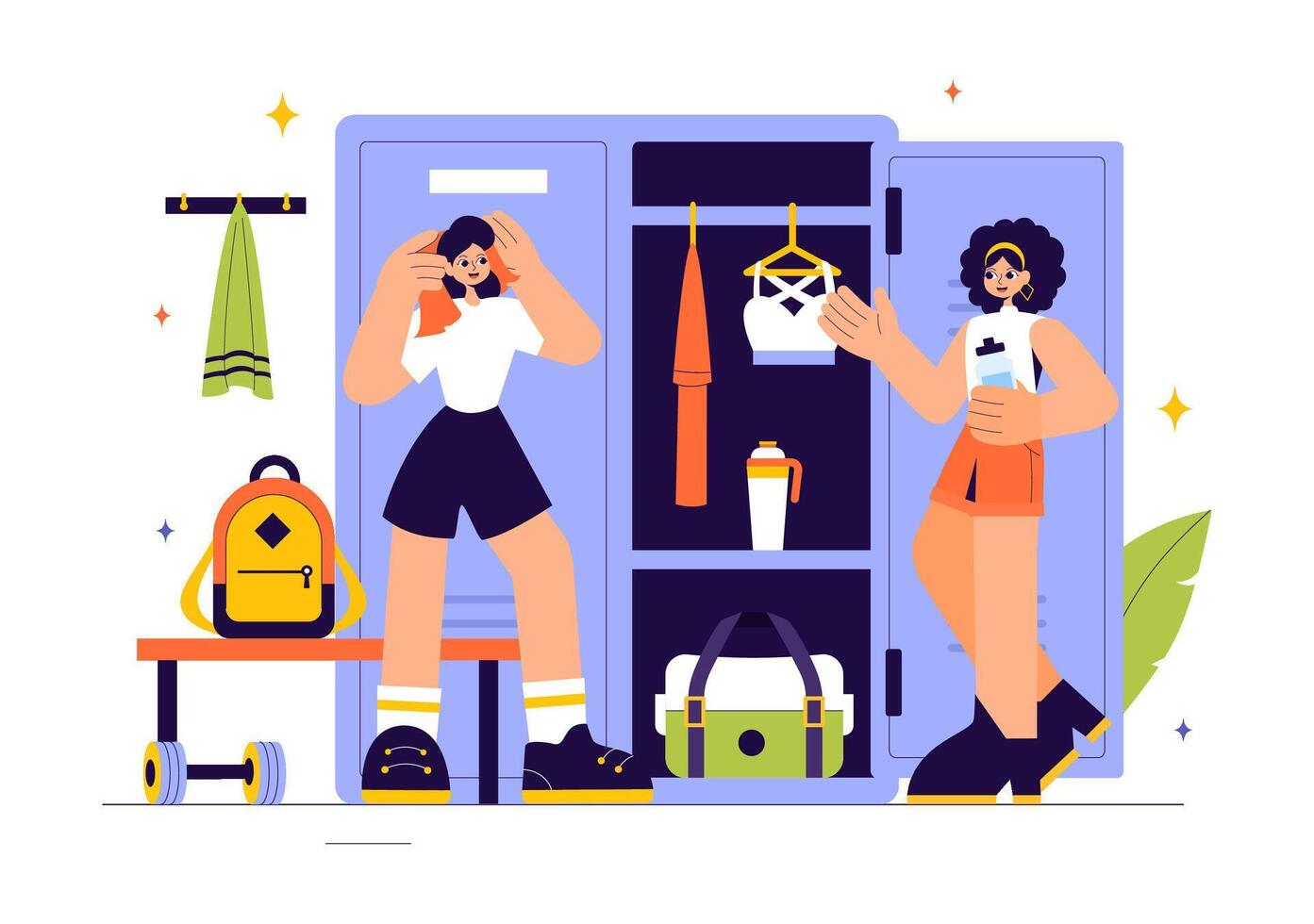 Sports Team Locker Room Featuring Wardrobes, Benches, and Dry Towels in a Flat Style vector