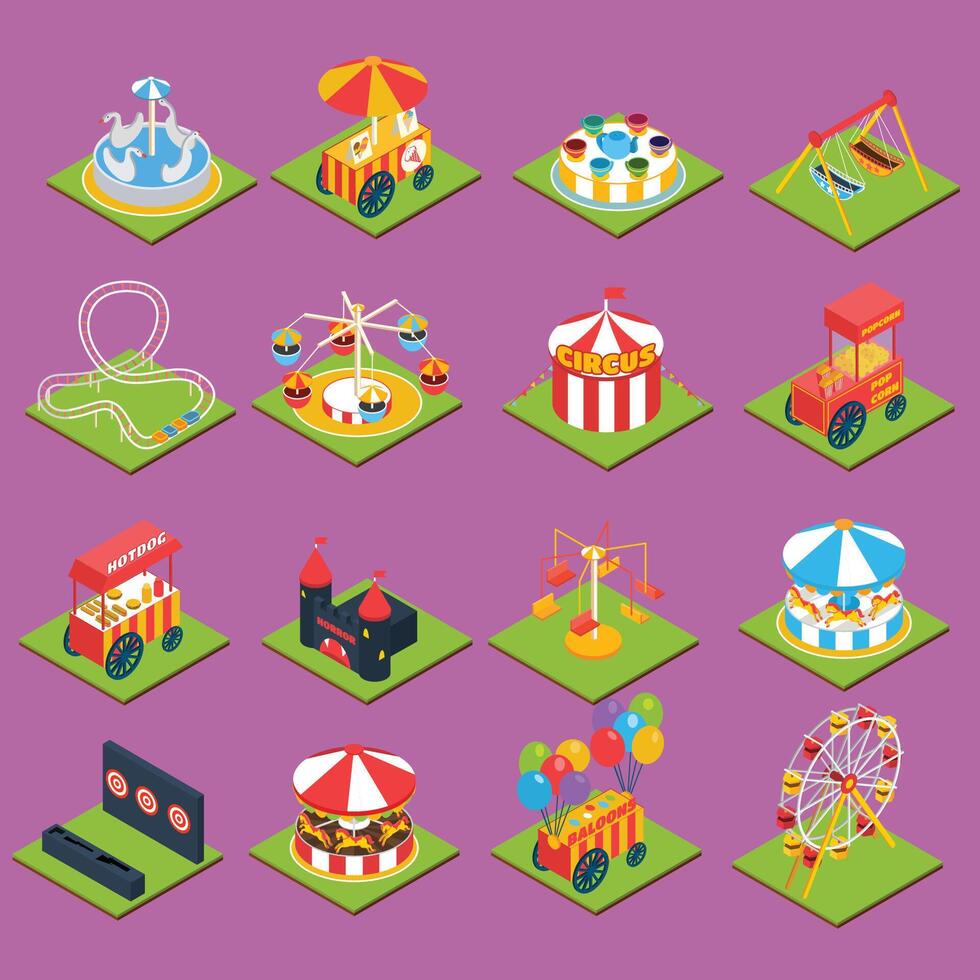 New Flat 3d isometric carousel attraction amusement leisure entertainment park icon set concept web app mobile infographics . Ice cream station aim shot popcorn roller coaster circus castle. vector