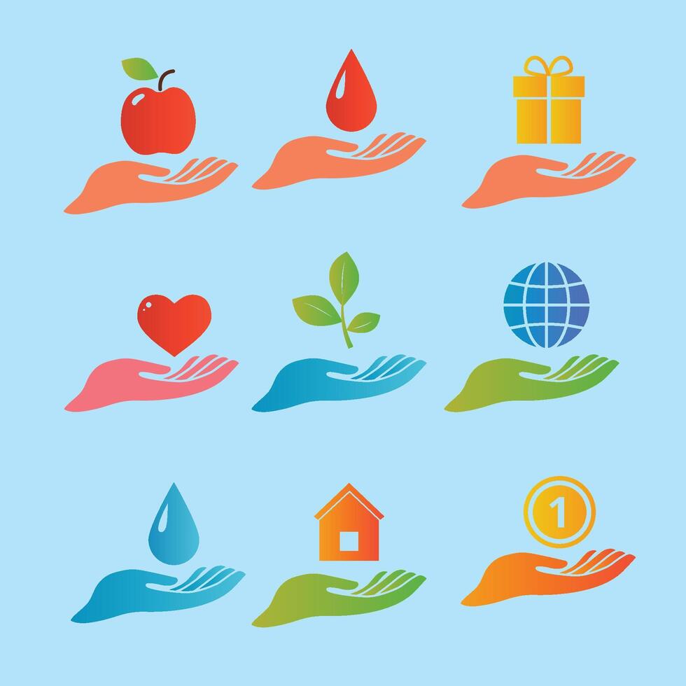 New Hands and palm up concept with various objects logo set flat isolated illustration vector
