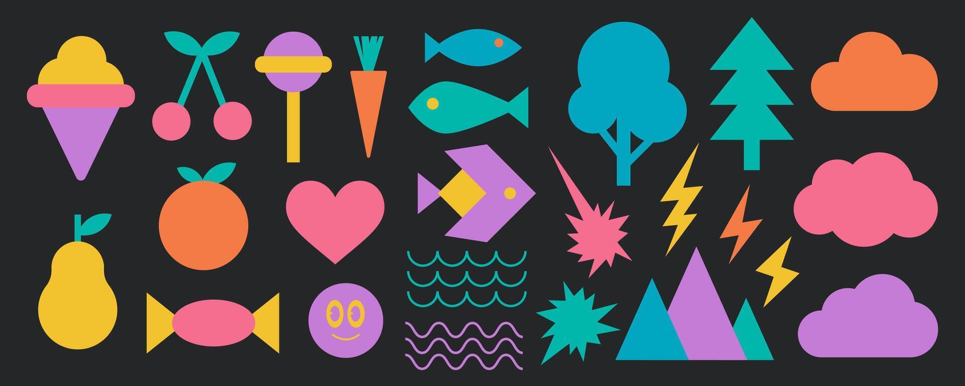 Minimal futuristic funky silhouette form set, modern retro memphis shape illustration in trendy vintage 90s style, geometric bold cartoon figure collection, contemporary organic groovy element graphic vector