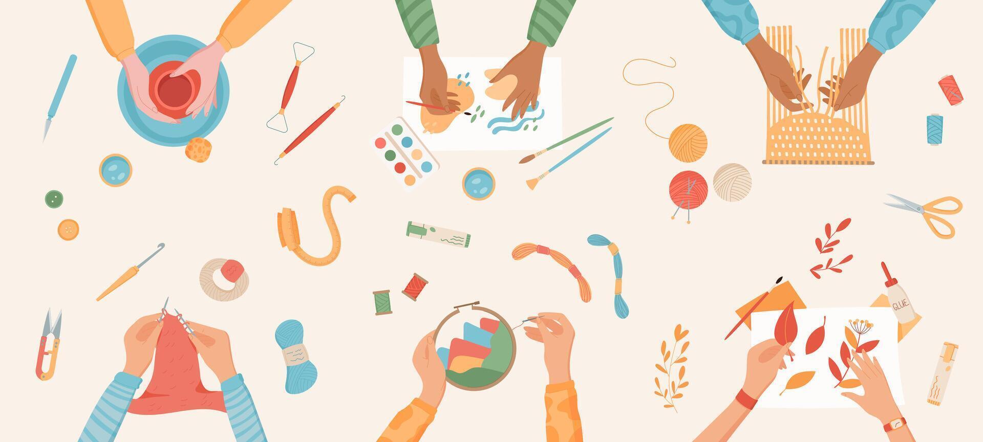Handicraft art class hobby flat illustration, top view colorful DIY handcraft pottery workshop concept, hands create craftwork group banner, children handmade painting activity background. vector